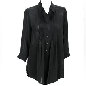 Alfani Black Sheer 3/4-Sleeve Pleated Button-Down Shirt Blouse Size S
